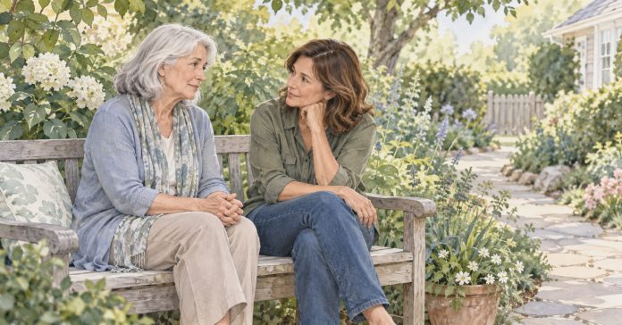 An older adult sits beside a friend on a garden bench during a quiet conversation.