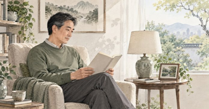 A watercolor illustration of a person reading beside a window and a small framed photograph.