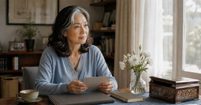 AI-created editorial illustration; corrected natural screen and reading-material orientation. A mature East Asian woman in a soft blue cardigan quietly preparing a memory album and notebook by a sunlit living-room window before an optional mediumship appointment