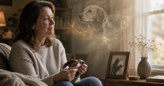 When Pets Appear in Mediumship Readings: Grief and Meaning Grieving pet guardian holding a collar with symbolic pet memories