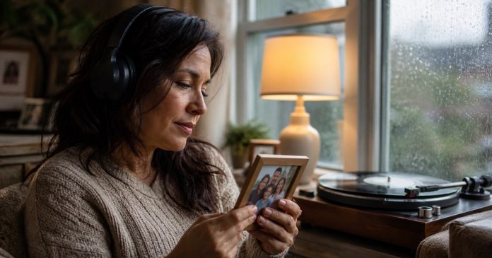 Person listening to a meaningful song while holding a cherished photograph