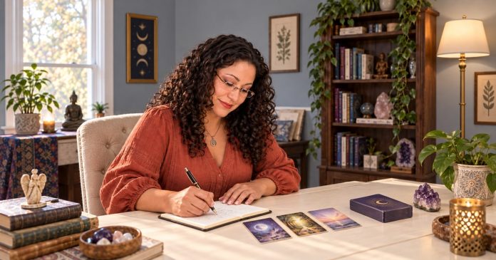 A spiritual practitioner taking reflective notes with oracle cards and a small amethyst on her desk.