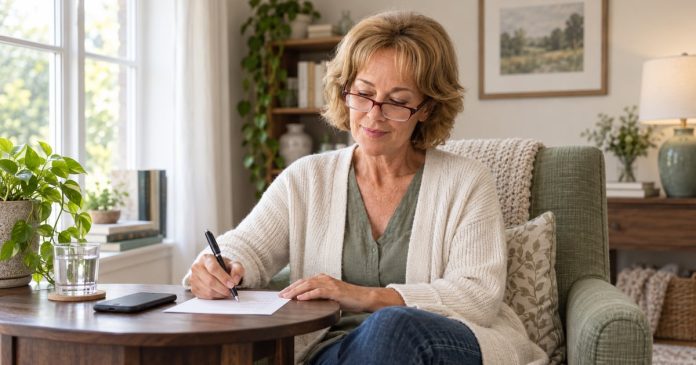 A woman preparing a short list of questions in a quiet room before a mediumship appointment.